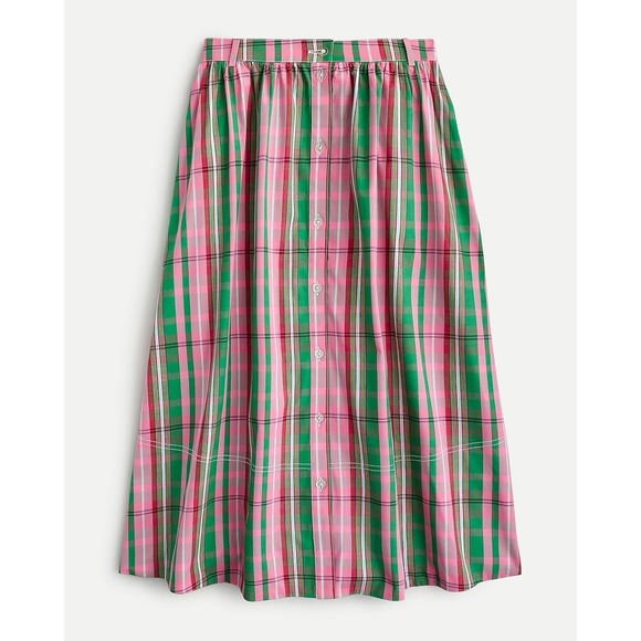 J CREW Midi Skirt 16 Pink Green Plaid Check Organic Cotton Button Front Pocket - Picture 2 of 11
